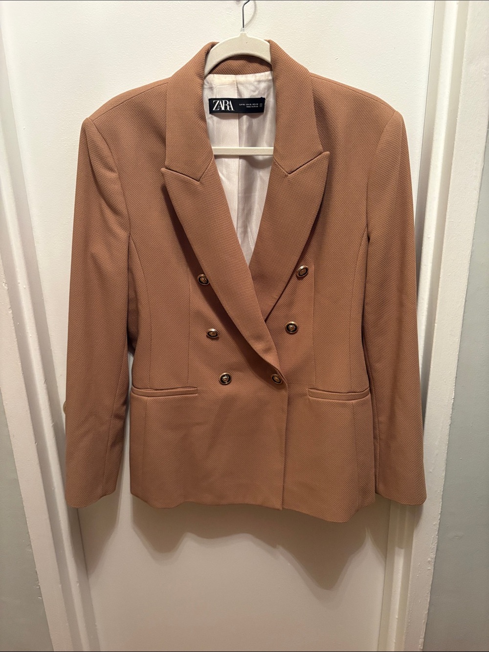 Zara Camel Double-Breasted Blazer with Gold Buttons